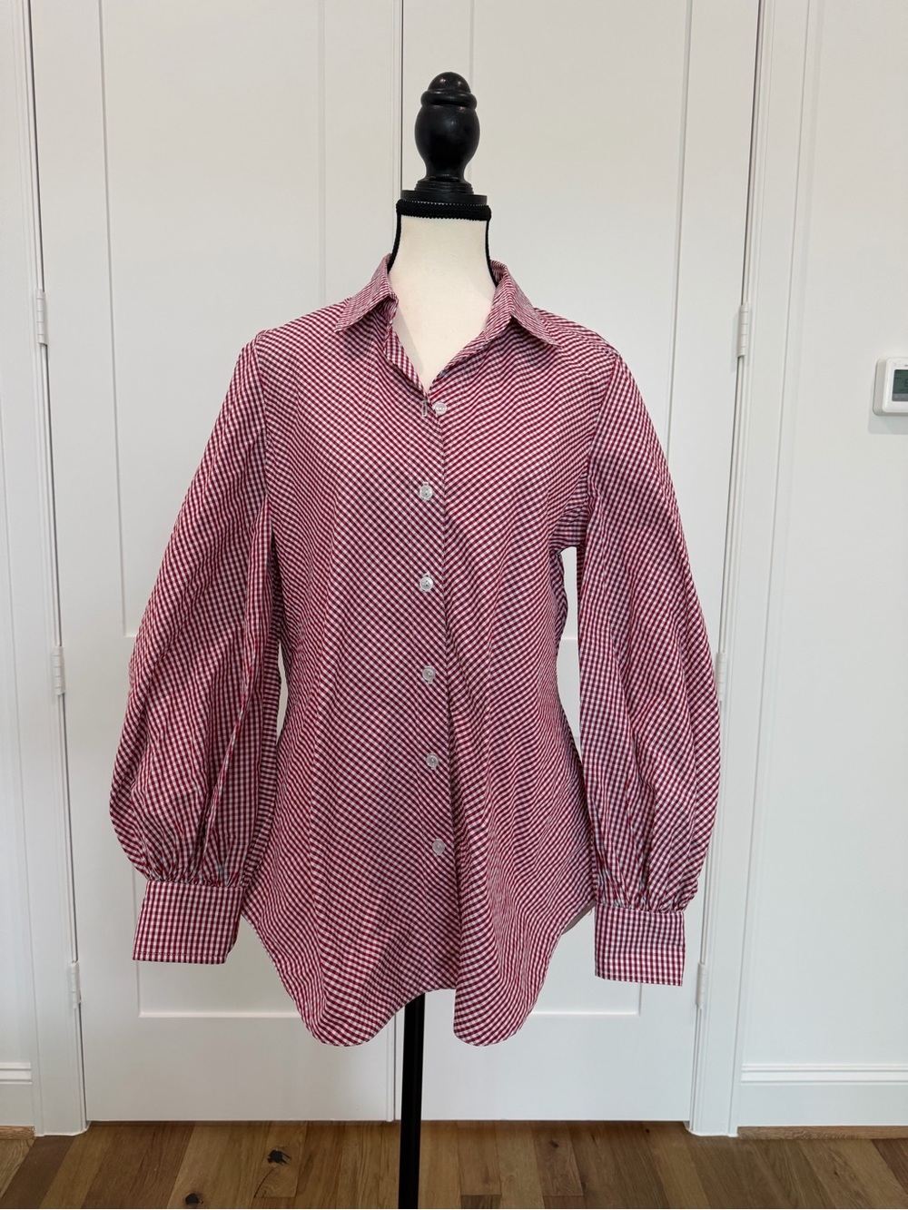🤩 Tish Cox Red & Blue Gingham Puff Sleeve Button Down Blouse - Large